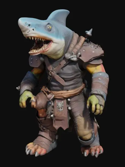3D model for extremely detailed hammerhead shark orc bodied warrior in a crouched position he is in leather clothing deeply detailed  #game figure#