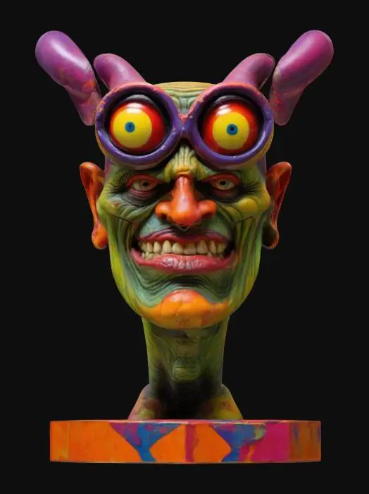 3D model for This model has grotesque caricatures,  A Ed "big daddy" Roth style, cyclops with bright colors standing on a hexagon base ,