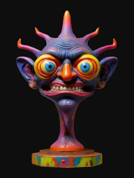 3D model for This model has grotesque caricatures,  A Ed "big daddy" Roth style, cyclops with bright colors standing on a hexagon base ,
