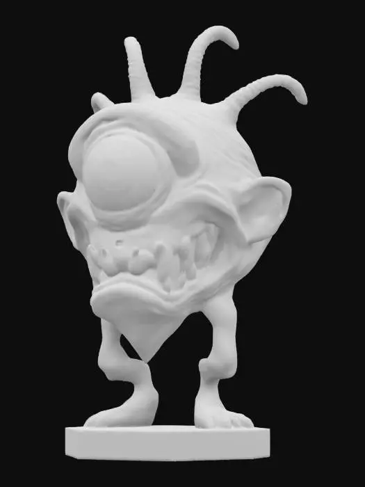 3D model for This model has grotesque caricatures,  A Ed "big daddy" Roth style, cyclops, with only one eye in the center of its forehead, bright colors standing on a hexagon base ,