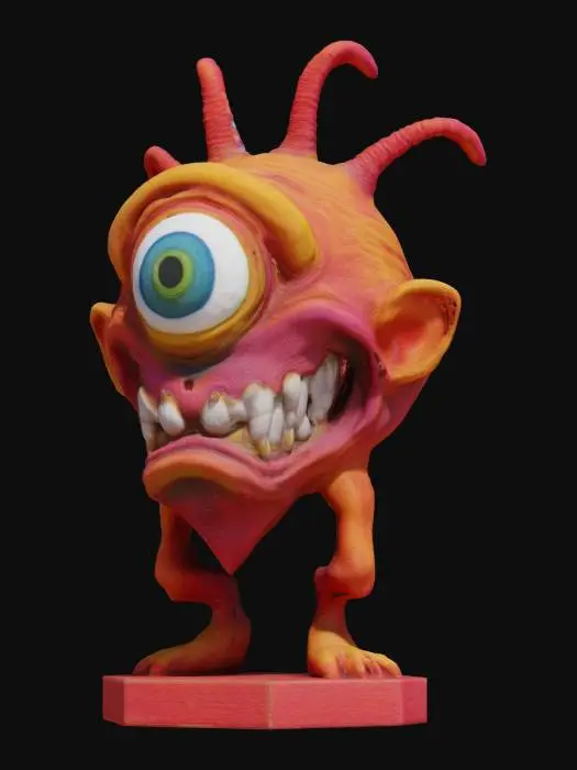 3D model for This model has grotesque caricatures,  A Ed "big daddy" Roth style, cyclops, with only one eye in the center of its forehead, bright colors standing on a hexagon base ,