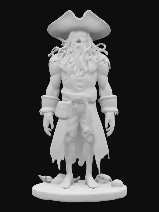 3D model for I'd like to create a highly detailed 3D figure of Davy Jones from Pirates of the Caribbean. He's wearing a pirate hat and his clothes are covered in barnacles. His skin is slick and gray like an octopus, and he has a mad look on his face. He's standing on a round base covered in seashells and starfish.,