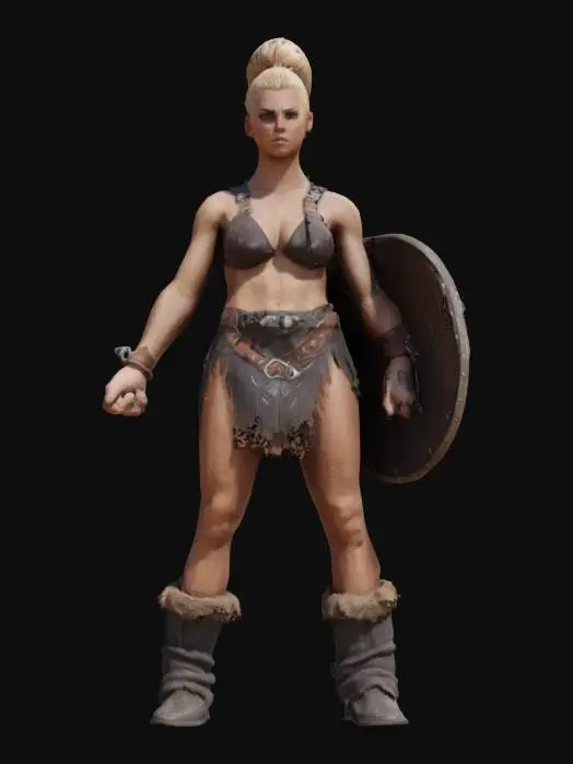 3D model for beautiful barbarian girl, mid 20's ,highly detailed, muscular body, wearing a small leather loan cloth and leather straps covering her large chest, great lighting and shadows great definition in her skin and muscles, she has a shield on her back, great portions and anatomically correct, leather slip-on boots, her hands are in fists in an A-pose, hair up in a messes bun, she has tan skin and dirty blond hair, her exasperation in fierce with beautiful eyes, #game figure#,  