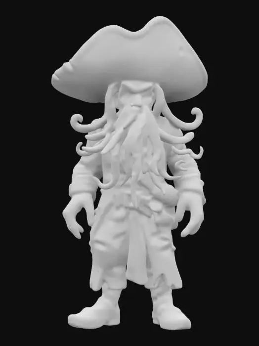 3D model for I'd like to create a highly detailed 3D figure of Davy Jones from Pirates of the Caribbean. He's wearing a pirate hat and his clothes are covered in barnacles. His skin is slick and gray like an octopus, and he has a mad look on his face. He's standing on a round base covered in seashells and starfish.,