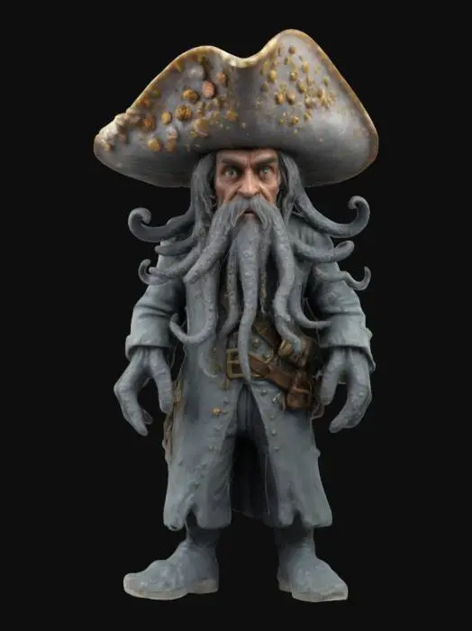 3D model for I'd like to create a highly detailed 3D figure of Davy Jones from Pirates of the Caribbean. He's wearing a pirate hat and his clothes are covered in barnacles. His skin is slick and gray like an octopus, and he has a mad look on his face. He's standing on a round base covered in seashells and starfish.,