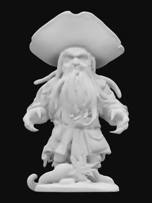3D model for I'd like to create a highly detailed 3D figure of Davy Jones from Pirates of the Caribbean. He's wearing a pirate hat and his clothes are covered in barnacles. His skin is slick and gray like an octopus, and he has a mad look on his face. He's standing on a round base covered in seashells and starfish.,