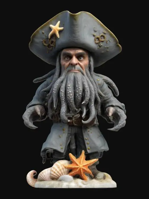 3D model for I'd like to create a highly detailed 3D figure of Davy Jones from Pirates of the Caribbean. He's wearing a pirate hat and his clothes are covered in barnacles. His skin is slick and gray like an octopus, and he has a mad look on his face. He's standing on a round base covered in seashells and starfish.,