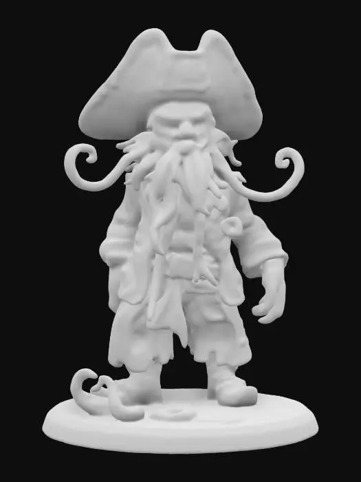 3D model for I'd like to create a highly detailed 3D figure of Davy Jones from Pirates of the Caribbean. He's wearing a pirate hat and his clothes are covered in barnacles. His skin is slick and gray like an octopus, and he has a mad look on his face. He's standing on a round base covered in seashells and starfish.,