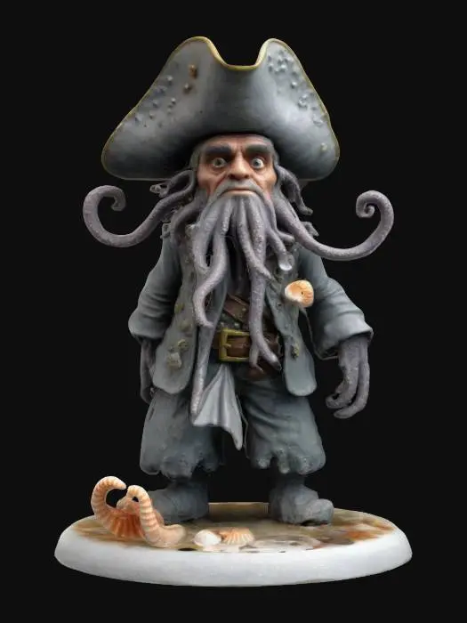 3D model for I'd like to create a highly detailed 3D figure of Davy Jones from Pirates of the Caribbean. He's wearing a pirate hat and his clothes are covered in barnacles. His skin is slick and gray like an octopus, and he has a mad look on his face. He's standing on a round base covered in seashells and starfish.,