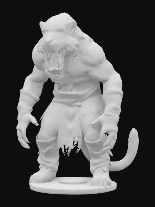 3D model for An extremely detailed medieval warrior. Has the characteristics of a sabretooth tiger man he is hunched over,  he is dressed in leather clothing he is extremely muscular. His extremely large k9 teeth that is protruding from his mouth are stained with blood. He is in an attack stance set on a round game ready base, #game figure#