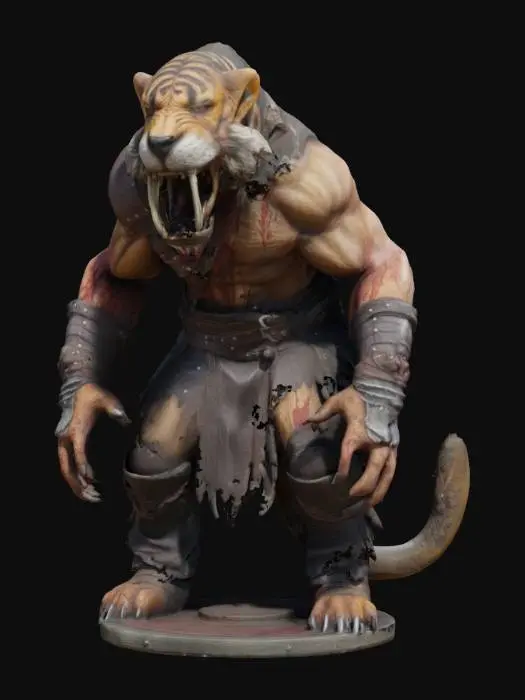 3D model for An extremely detailed medieval warrior. Has the characteristics of a sabretooth tiger man he is hunched over,  he is dressed in leather clothing he is extremely muscular. His extremely large k9 teeth that is protruding from his mouth are stained with blood. He is in an attack stance set on a round game ready base, #game figure#