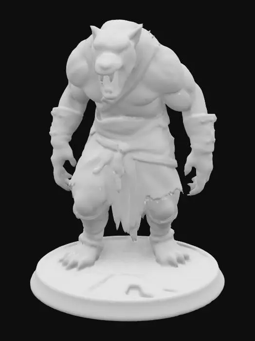 3D model for An extremely detailed medieval warrior. Has the characteristics of a sabretooth tiger man he is hunched over,  he is dressed in leather clothing he is extremely muscular. His extremely large k9 teeth that is protruding from his mouth are stained with blood. He is in an attack stance set on a round game ready base, #game figure#