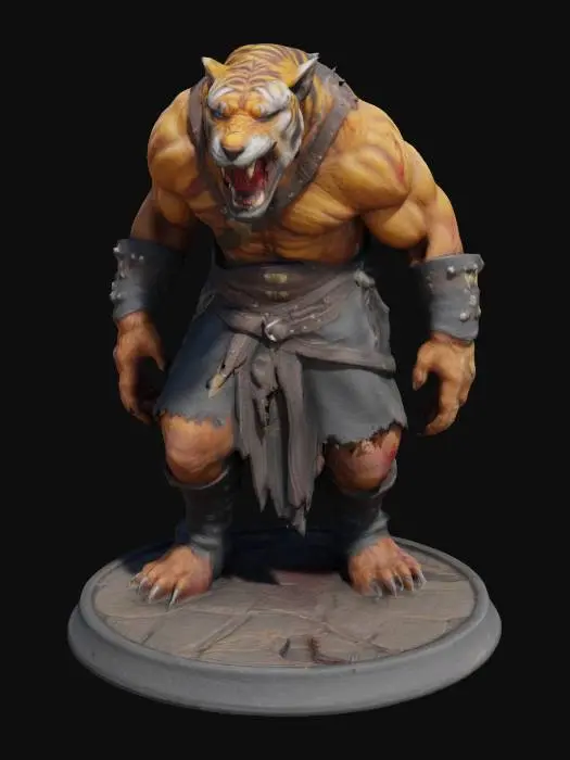 3D model for An extremely detailed medieval warrior. Has the characteristics of a sabretooth tiger man he is hunched over,  he is dressed in leather clothing he is extremely muscular. His extremely large k9 teeth that is protruding from his mouth are stained with blood. He is in an attack stance set on a round game ready base, #game figure#