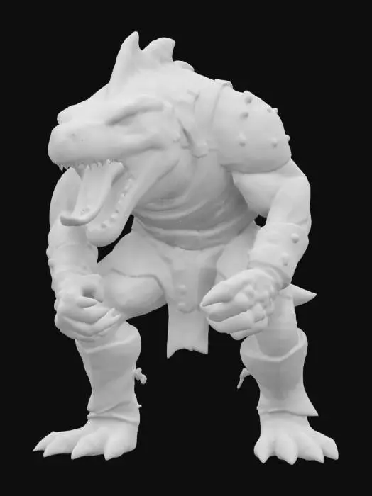 3D model for An extremely detailed medieval warrior. Has the characteristics of a t-rex man he is hunched over,  he is dressed in leather clothing he is extremely muscular. His extremely large teeth is protruding from his mouth are stained with blood. He is in an attack stance set on a round game ready base, #game figure#
