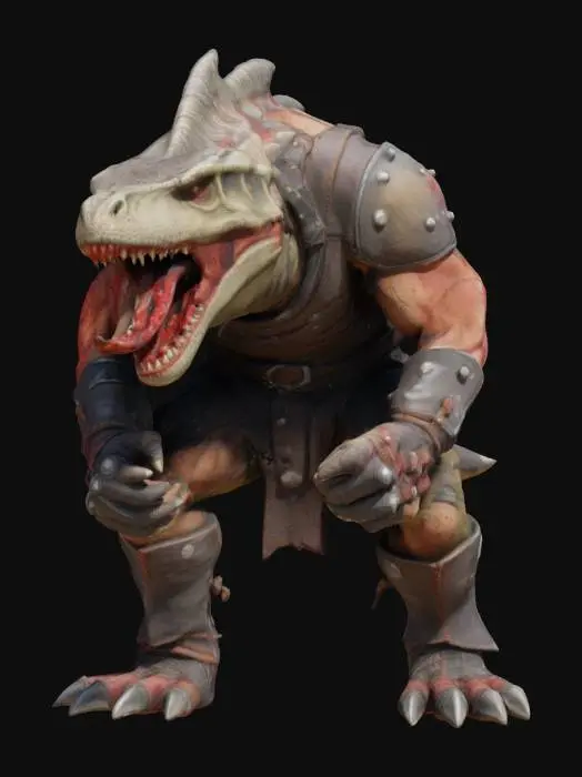 3D model for An extremely detailed medieval warrior. Has the characteristics of a t-rex man he is hunched over,  he is dressed in leather clothing he is extremely muscular. His extremely large teeth is protruding from his mouth are stained with blood. He is in an attack stance set on a round game ready base, #game figure#