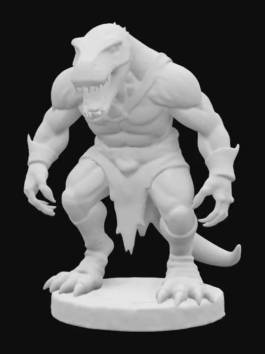 3D model for An extremely detailed medieval warrior. Has the characteristics of a t-rex man he is hunched over,  he is dressed in leather clothing he is extremely muscular. His extremely large teeth is protruding from his mouth are stained with blood. He is in an attack stance set on a round game ready base, #game figure#