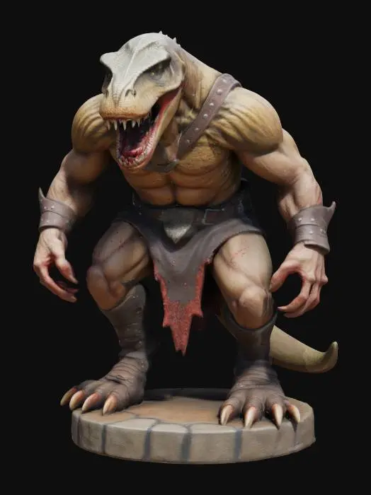 3D model for An extremely detailed medieval warrior. Has the characteristics of a t-rex man he is hunched over,  he is dressed in leather clothing he is extremely muscular. His extremely large teeth is protruding from his mouth are stained with blood. He is in an attack stance set on a round game ready base, #game figure#