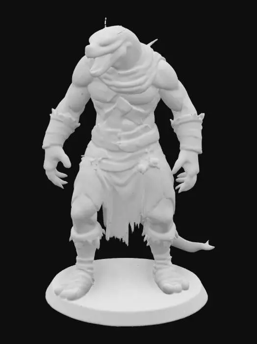 3D model for An extremely detailed medieval warrior. Has the characteristics of a man mixed with a cobra he is hunched over,  he is dressed in leather clothing he is extremely muscular. His extremely large fangs are protruding from his mouth are stained with blood. He is in an attack stance set on a round game ready base, #game figure#