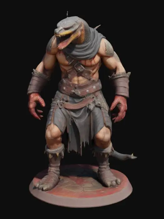 3D model for An extremely detailed medieval warrior. Has the characteristics of a man mixed with a cobra he is hunched over,  he is dressed in leather clothing he is extremely muscular. His extremely large fangs are protruding from his mouth are stained with blood. He is in an attack stance set on a round game ready base, #game figure#