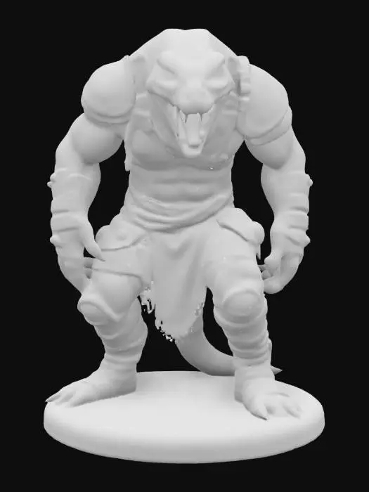 3D model for An extremely detailed medieval warrior. Has the characteristics of a man mixed with a cobra he is hunched over,  he is dressed in leather clothing he is extremely muscular. His extremely large fangs are protruding from his mouth are stained with blood. He is in an attack stance set on a round game ready base, #game figure#
