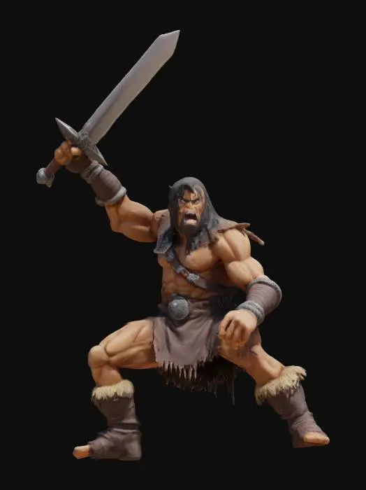 3D model for An incredibly detailed Conan the barbarian warrior he is holding a large sword above his head and is in a crouching attack position. #game figure#