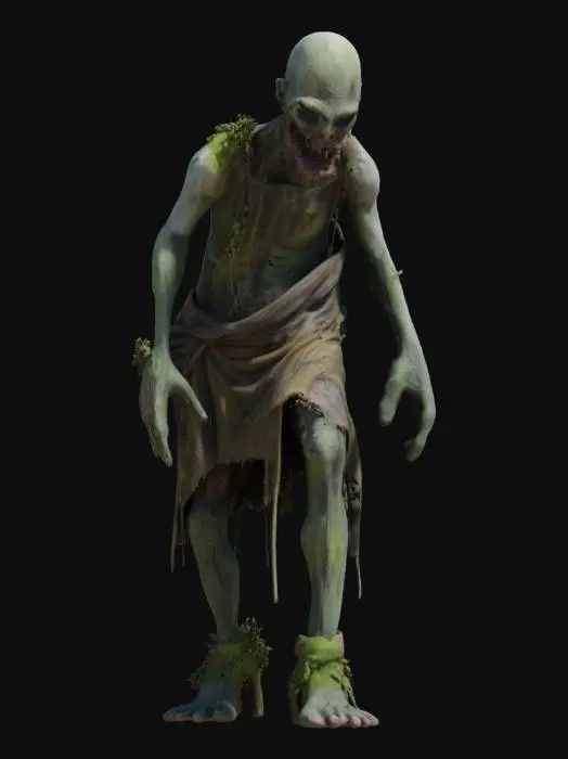 3D model for Swamp zombie realistic with a hunched back with moss and vines hanging from his arms