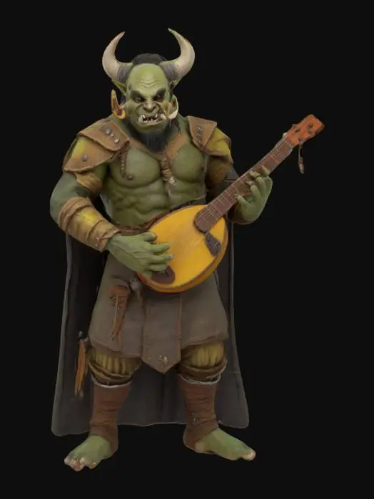 3D model for A highly detailed ultra-realistic orc bard playing a tiny little lute and singing 