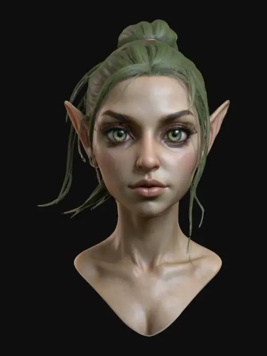 3D model for Extremely detailed beautiful bust of a extremely beautiful elf female her hair is tight and pulled back in a ponytail she has large breasts beautiful eyes and full lips 