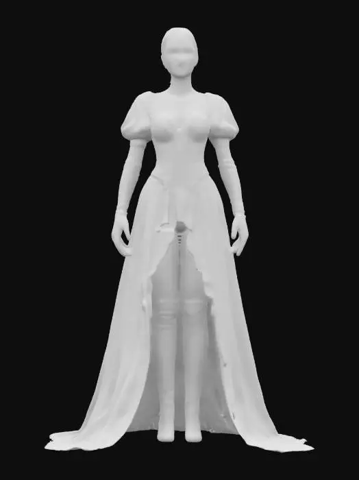 3D model for 1800 era female vampire character, wearing an elegant empire-waist dress, detailed face, short sleeves, high resolution, elegant updo hair, 