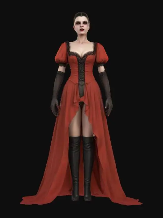 3D model for 1800 era female vampire character, wearing an elegant empire-waist dress, detailed face, short sleeves, high resolution, elegant updo hair, 