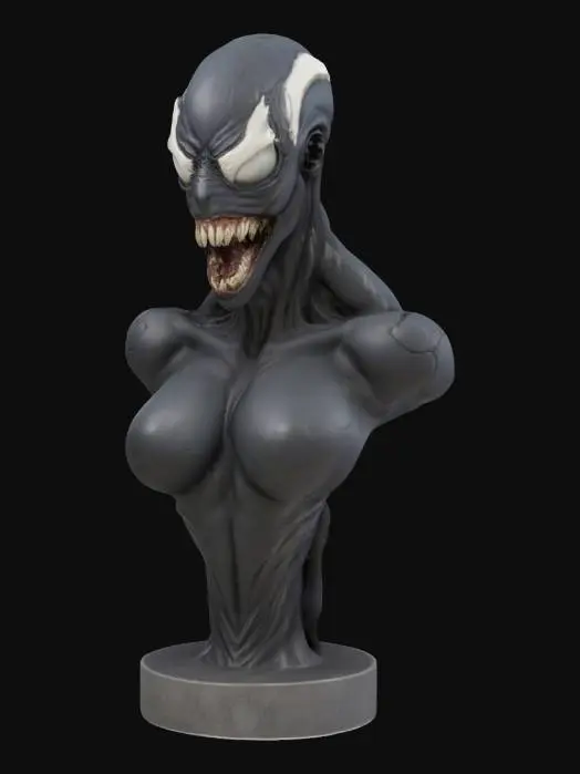 3D model for female venom The object is a bust with a curved, asymmetrical shape, featuring a muscular humanoid form with exaggerated facial features, and a textured surface resembling sinewy, organic material.