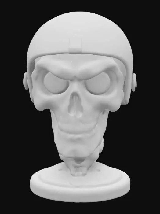 3D model for The object is a bust with a caricatured skull face and exaggerated eyes, wearing a leather-textured helmet, featuring bright colors, and mounted on a circular base with a small emblem.,  Deadpool floating head 