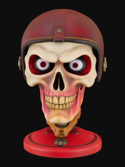 3D model for The object is a bust with a caricatured skull face and exaggerated eyes, wearing a leather-textured helmet, featuring bright colors, and mounted on a circular base with a small emblem.,  Deadpool floating head 