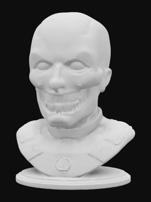 3D model for The object is a bust with a caricatured skull face and exaggerated eyes, wearing a leather-textured helmet, featuring bright colors, and mounted on a circular base with a small emblem.,  Deadpool floating head 