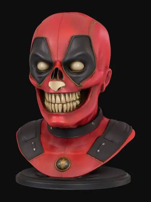 3D model for The object is a bust with a caricatured skull face and exaggerated eyes, wearing a leather-textured helmet, featuring bright colors, and mounted on a circular base with a small emblem.,  Deadpool floating head 