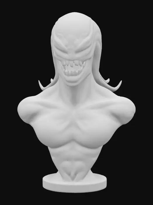 3D model for female venom The object is a bust with a curved, asymmetrical shape, featuring a muscular humanoid form with exaggerated facial features, and a textured surface resembling sinewy, organic material.