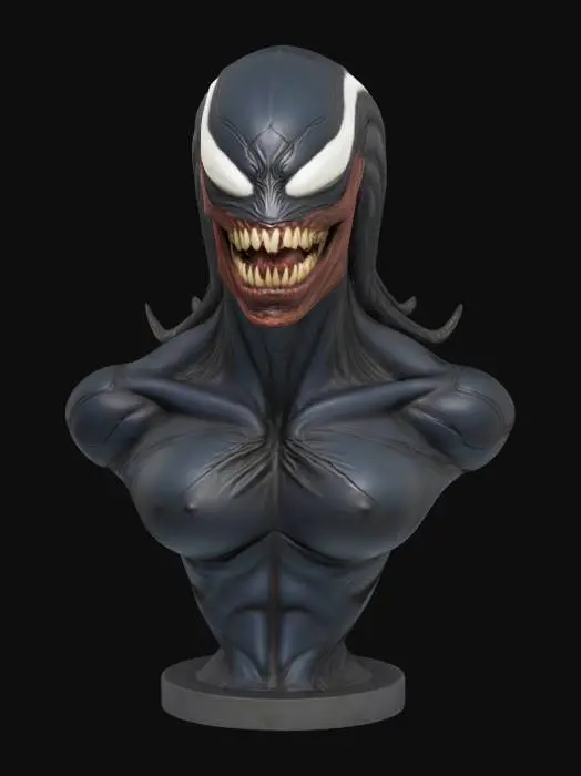 3D model for female venom The object is a bust with a curved, asymmetrical shape, featuring a muscular humanoid form with exaggerated facial features, and a textured surface resembling sinewy, organic material.