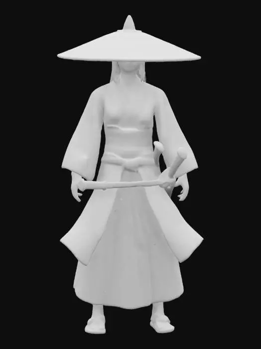 3D model for female samurai she is wearing a conical hat with a smooth texture, worn by a person holding a katana, 