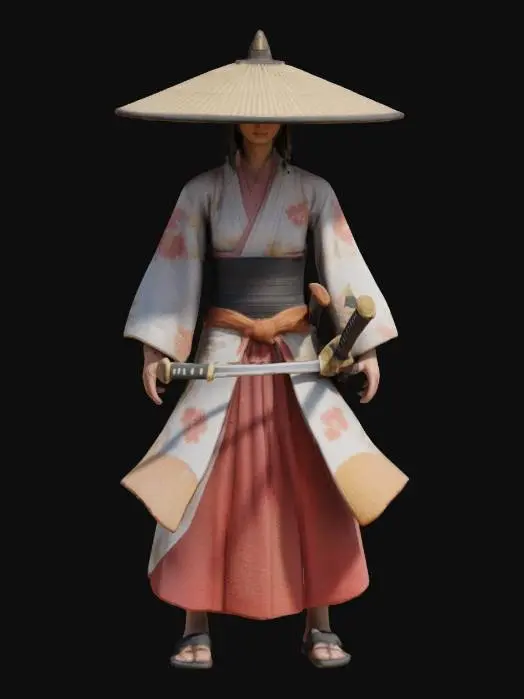 3D model for female samurai she is wearing a conical hat with a smooth texture, worn by a person holding a katana, 