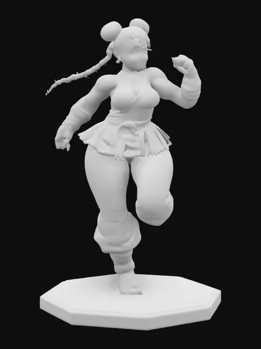 3D model for An extremely detailed supper Streetfighters 2  Chun-li in , The object is a detailed figure with an anatomically human form, vibrant blue clothing, smooth texture, and intricate features resembling martial arts attire, posed dynamically with exceptional balance., position on a octagon base