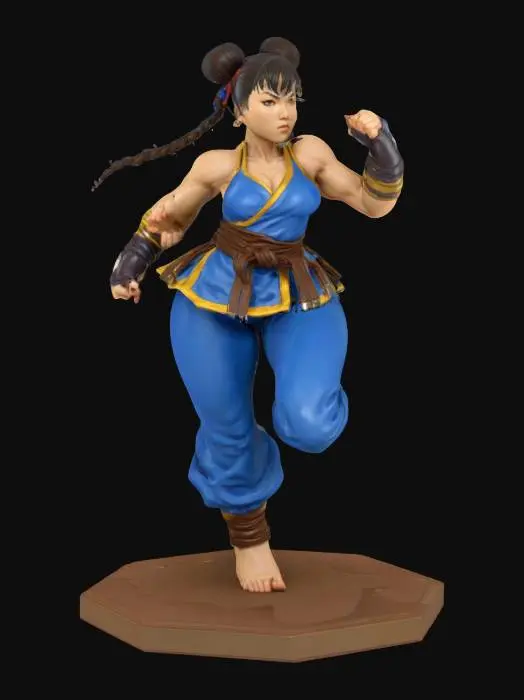 3D model for An extremely detailed supper Streetfighters 2  Chun-li in , The object is a detailed figure with an anatomically human form, vibrant blue clothing, smooth texture, and intricate features resembling martial arts attire, posed dynamically with exceptional balance., position on a octagon base