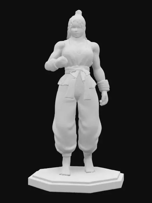 3D model for An extremely detailed supper Streetfighters 2  Chun-li in , The object is a detailed figure with an anatomically human form, vibrant blue clothing, smooth texture, and intricate features resembling martial arts attire, posed dynamically with exceptional balance., position on a octagon base