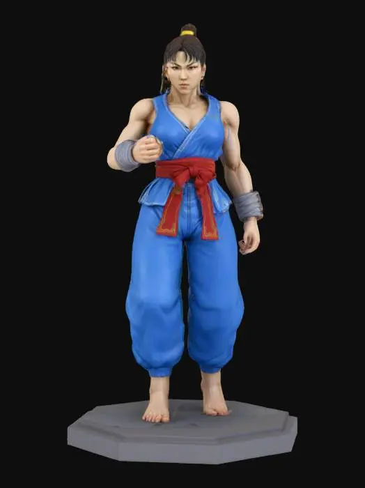 3D model for An extremely detailed supper Streetfighters 2  Chun-li in , The object is a detailed figure with an anatomically human form, vibrant blue clothing, smooth texture, and intricate features resembling martial arts attire, posed dynamically with exceptional balance., position on a octagon base