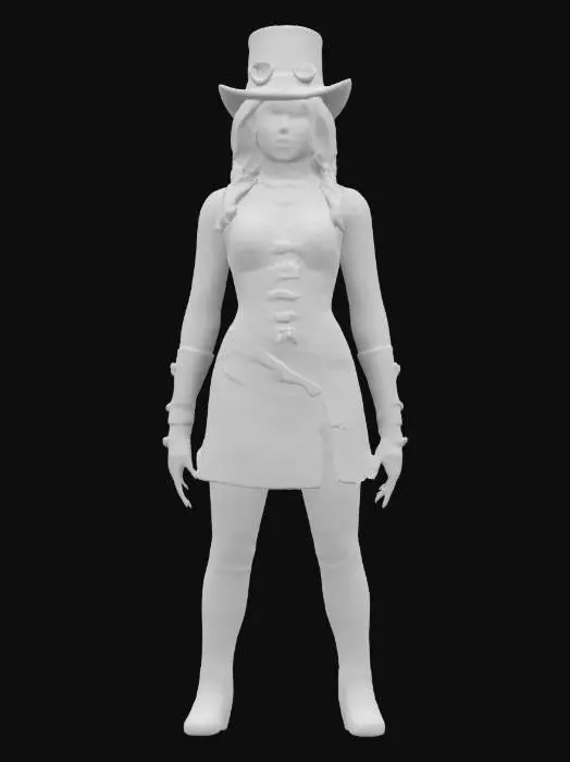 3D model for Spider Gwen wearing a steampunk-inspired outfit featuring a structured, brown leather corset with metal buckles and black lace sleeves, accented by a top hat with brass goggles and decorative gears.,