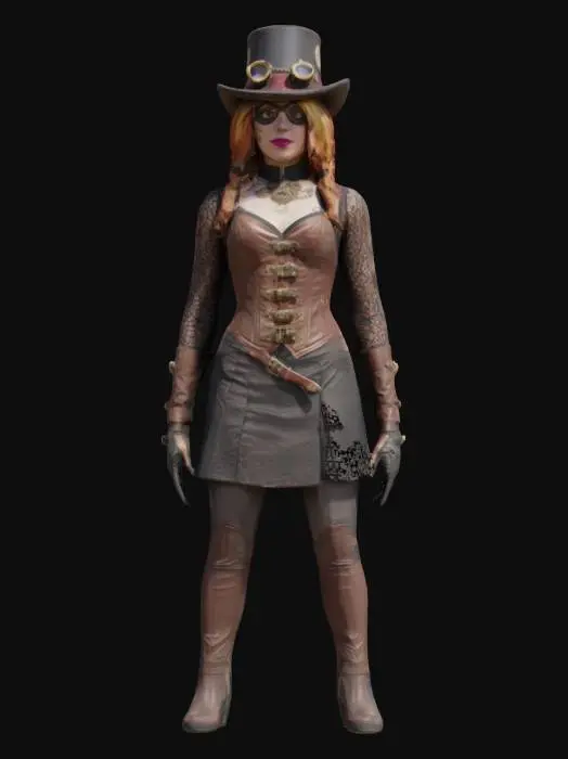 3D model for Spider Gwen wearing a steampunk-inspired outfit featuring a structured, brown leather corset with metal buckles and black lace sleeves, accented by a top hat with brass goggles and decorative gears.,