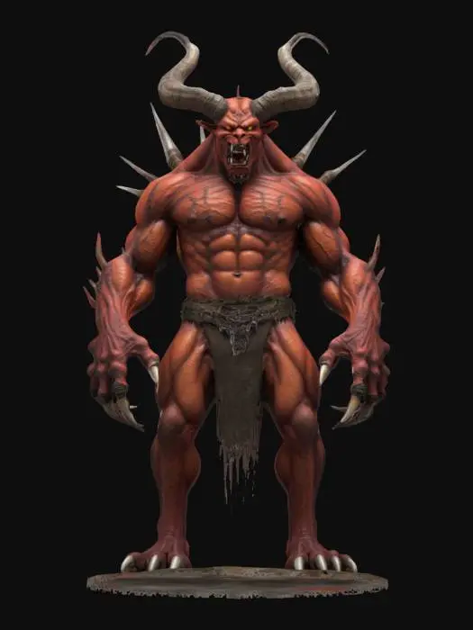 3D model for A huge demon he is a muscular, horned creature with sharp claws and fangs, featuring a rugged texture and aggressive stance., 