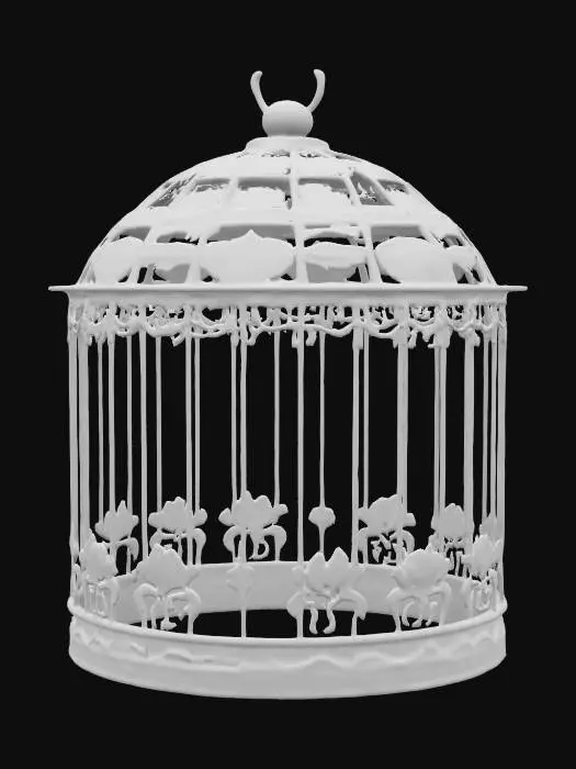 3D model for old coper birdcage , The object is a cylindrical birdcage with a domed top, featuring ornate metalwork with floral and geometric patterns and a rustic bronze finish.