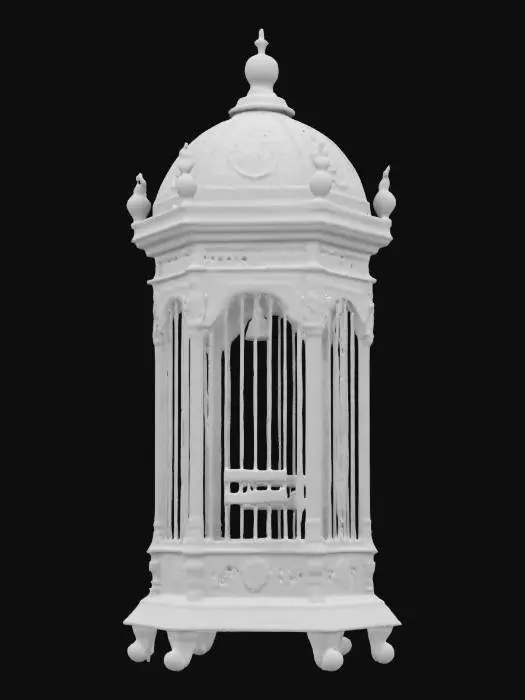 3D model for a  birdcage, The object is a cylindrical birdcage with a domed top, featuring ornate woodwork with floral and geometric patterns and a rustic finish.