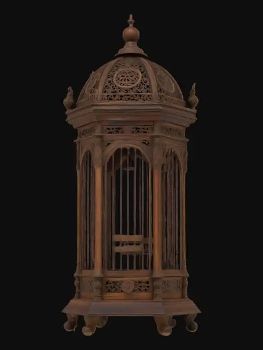 3D model for a  birdcage, The object is a cylindrical birdcage with a domed top, featuring ornate woodwork with floral and geometric patterns and a rustic finish.