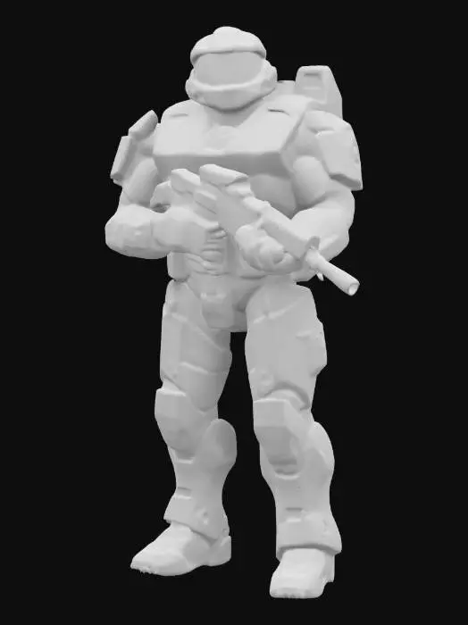 3D model for highly detailed halo master chief  standing in an action pose holding his gun out 
